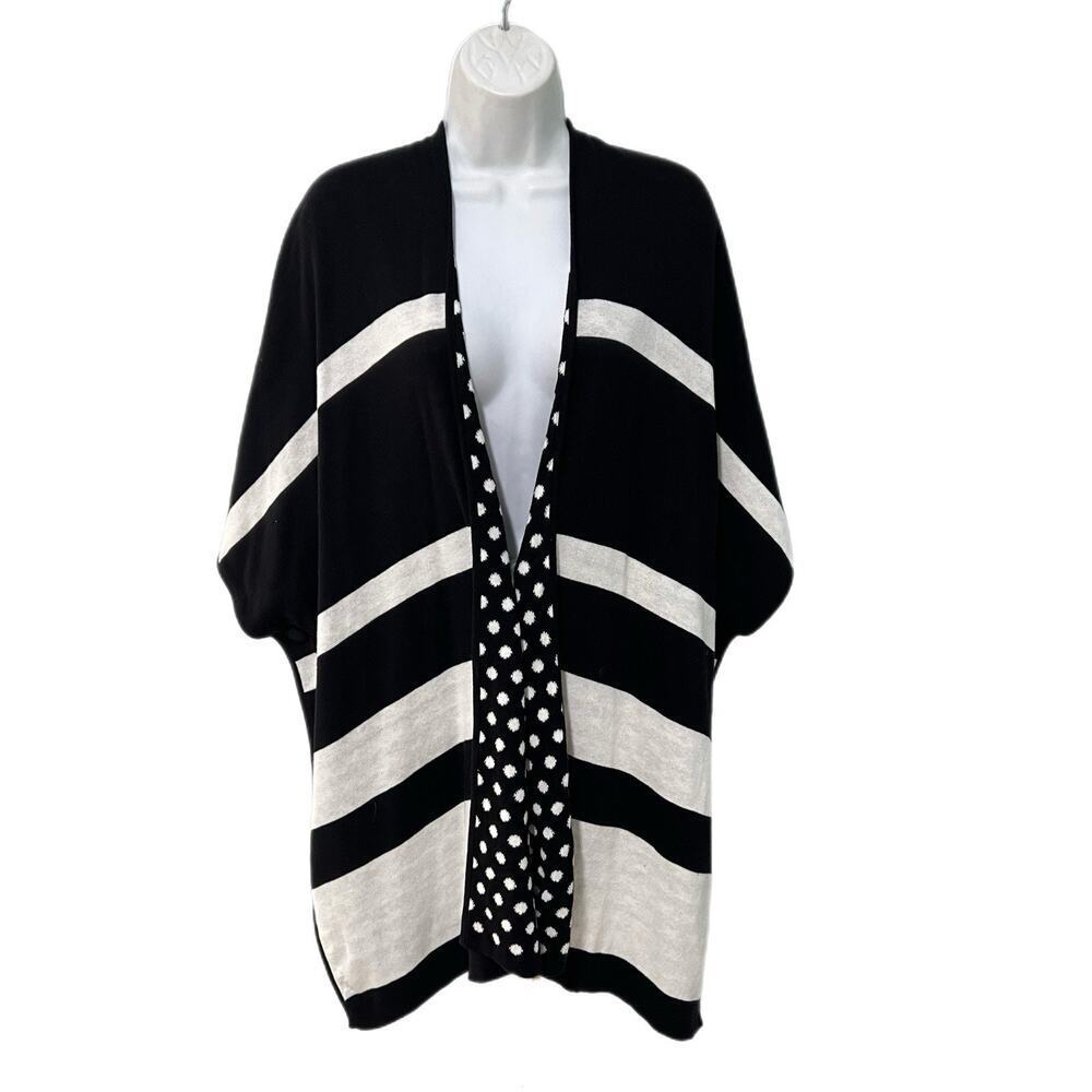 Chicos Poncho Sweater S/M Reversible Ruana Cape Knit Black White Polka Dot Strip
